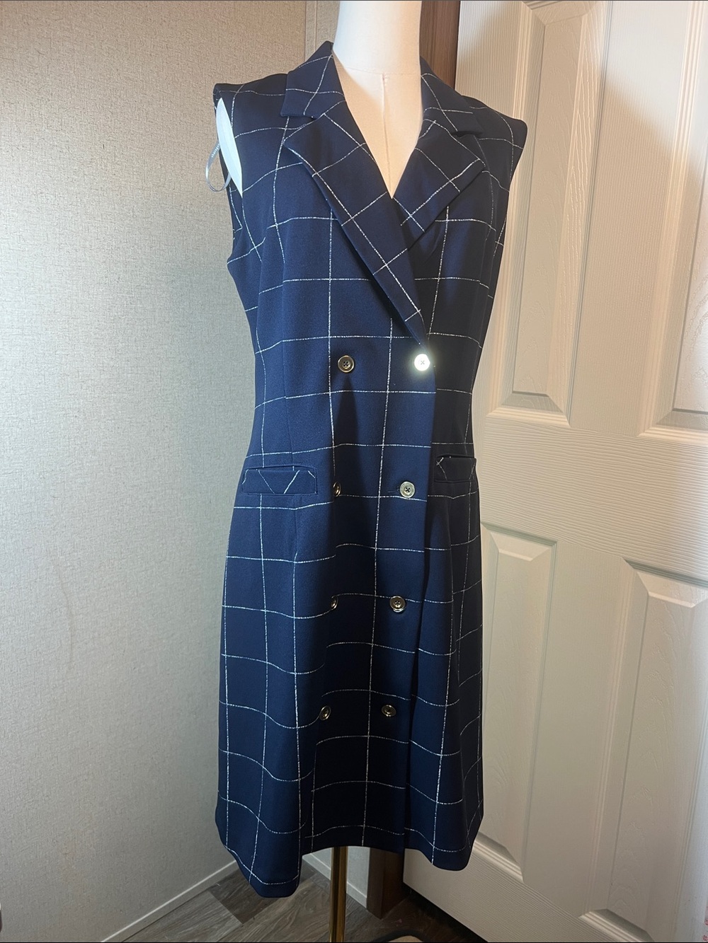 Sharagano Navy and White Windowpane Double-Breasted Dress